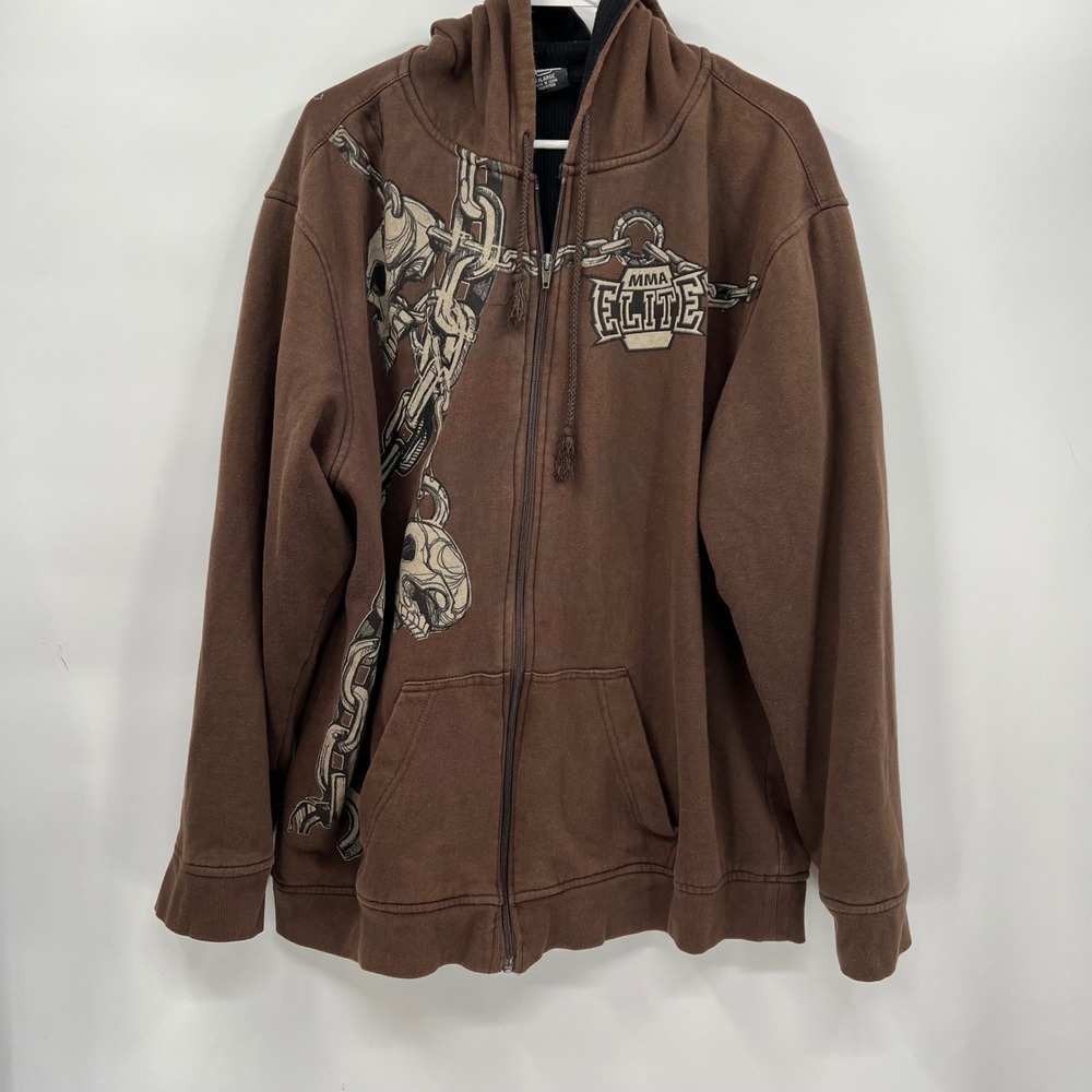 MMA Elite XXL Zip Up Hoodie Mens Brown Skull Chain Thermal Lined Graphic Jacket